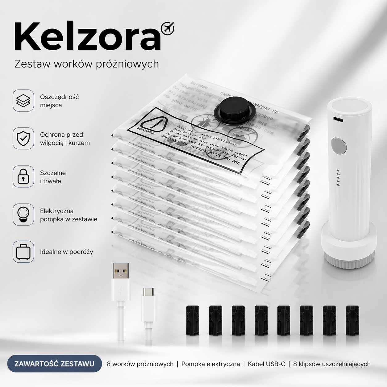 8 sztuk worków prózniowych + pompka KELZORA
